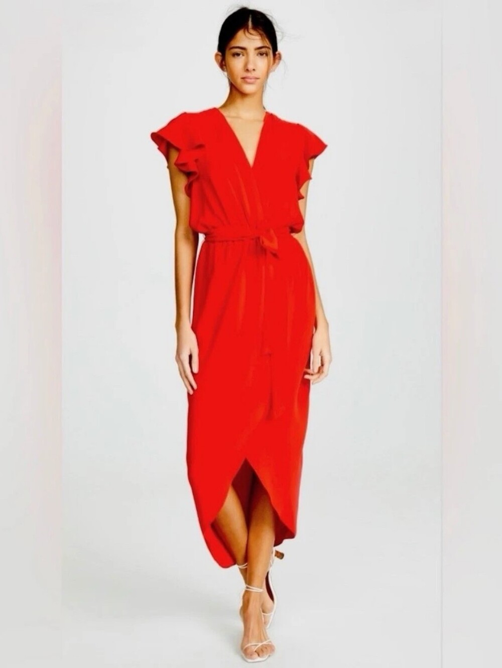 Amanda Uprichard Red Ruffle Sleeve Wrap Dress